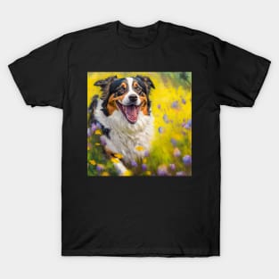 Wildflowers and Australian Shepherd Impressionist Art Print T-Shirt